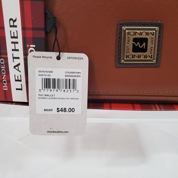 Mundi Zip Around Wallet Faux Leather Brown Card Checkbook 7.8" x 4" NWT - Picture 9 of 12